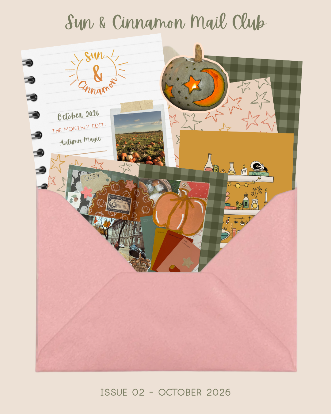 A flat lay of printed stationery and cards arranged inside a pink envelope on a beige background. Visible text at the top reads 'Sun & Cinnamon Mail Club' and the bottom reads 'ISSUE 02 - OCTOBER 2026'.