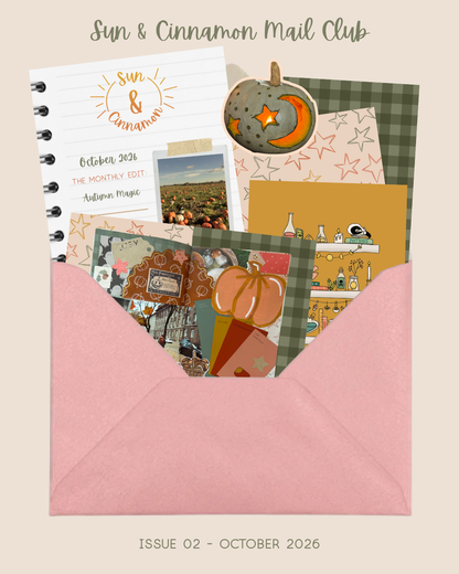 A flat lay of printed stationery and cards arranged inside a pink envelope on a beige background. Visible text at the top reads 'Sun & Cinnamon Mail Club' and the bottom reads 'ISSUE 02 - OCTOBER 2026'.