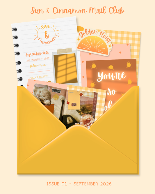 A flat lay of a printed mail club issue featuring a large yellow envelope opening to reveal a letter, postcard, sticker, and collage pages in warm orange, peach, yellow, and cream tones. Text at the top reads 'Sun & Cinnamon Mail Club' and at the bottom 'Issue 1 - September 2026'.