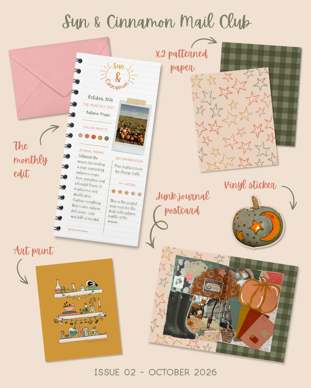 A styled flat lay of a paper craft/journaling kit titled 'Sun & Cinnamon Mail Club' on a warm beige background. The set includes a pink envelope, a spiral-bound journal page style letter, patterned paper sheets, a vinyl sticker, and an art print, all arranged with handwritten labels pointing to components.